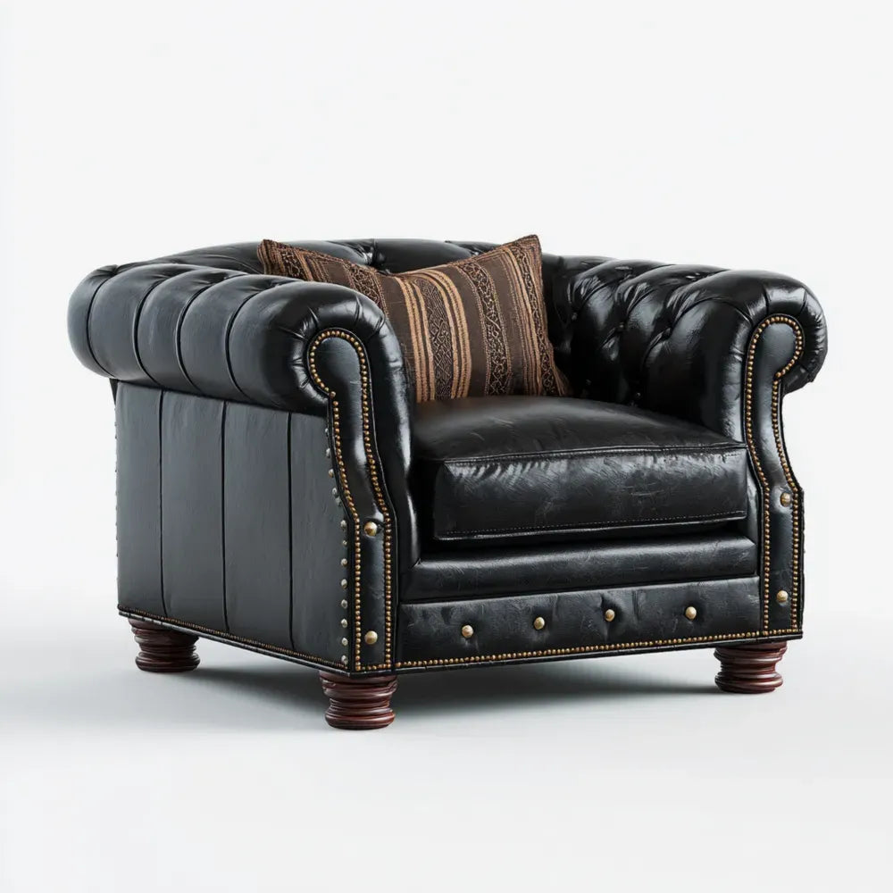 Black Leather Armchair - Tufted Design - Classic Style (110 x 98 x 76 cm)