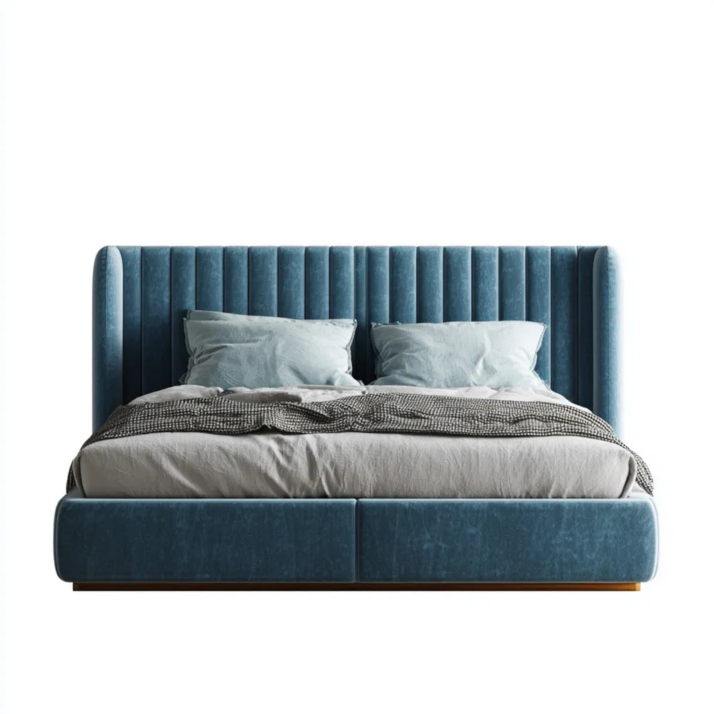 Double Bed Velvet Upholstery 200x160x100 cm – Blue – Contemporary Design